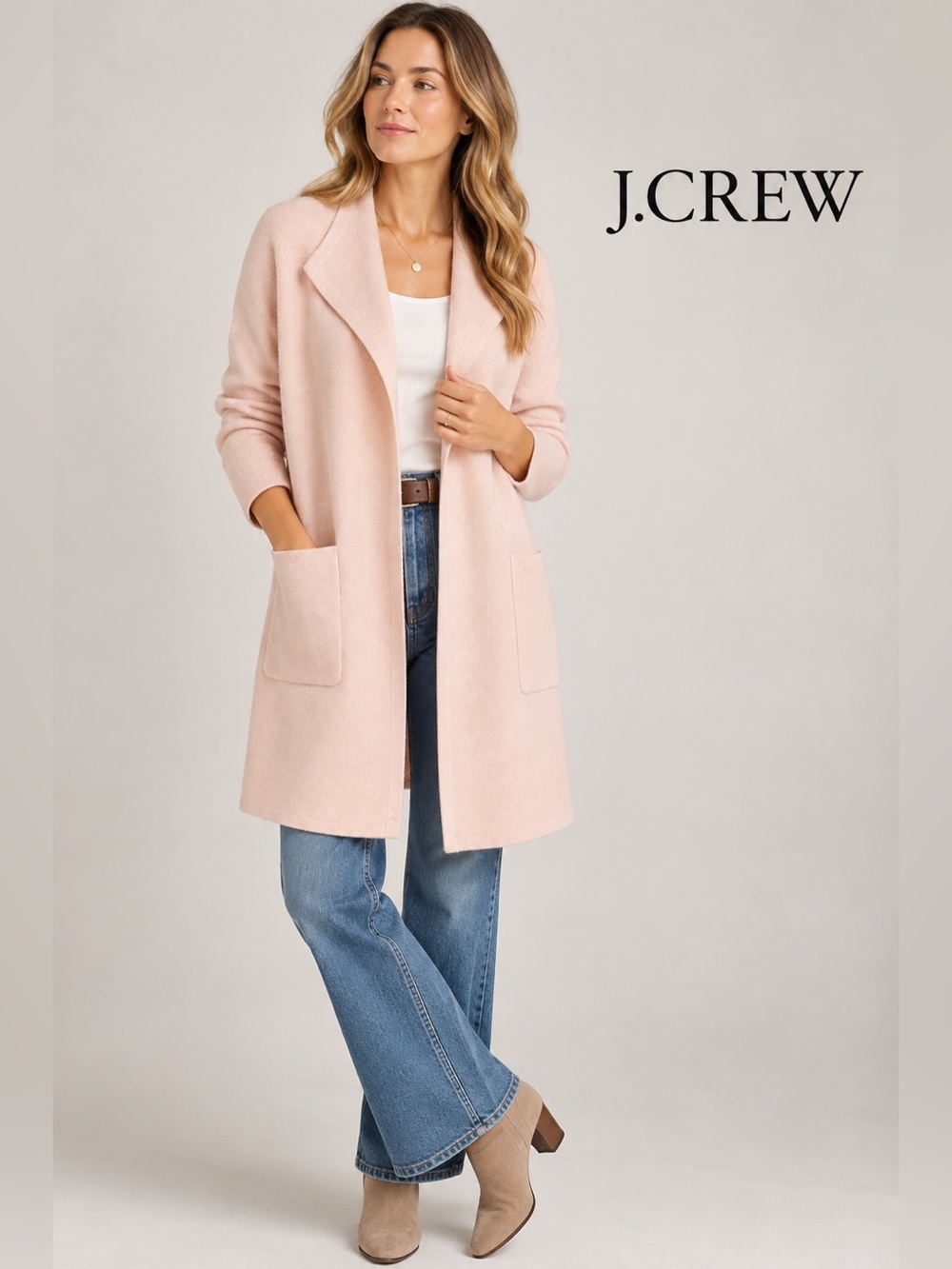 J Crew 365 Blush Pink Wool Blend Open Front Sweater Coat Cardigan Size XXS